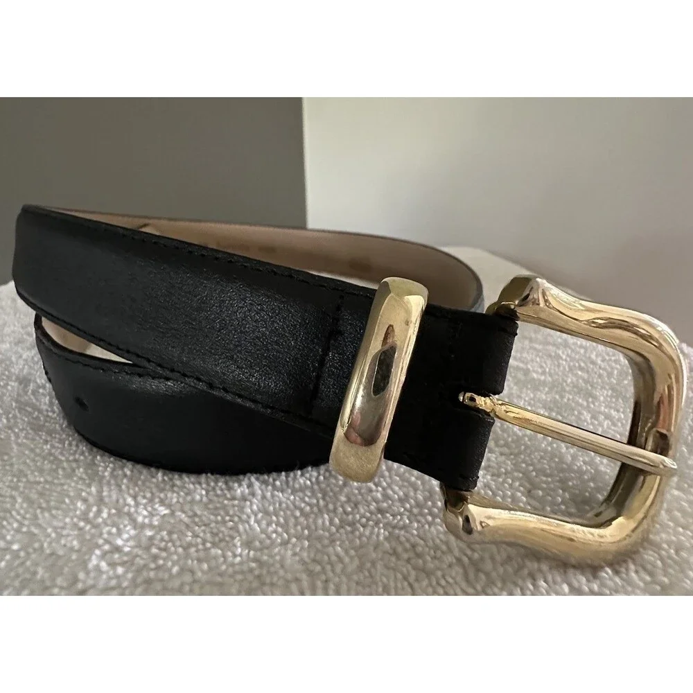 Capezio Black Leather Belt Size S/M 35” With Large Gold Buckle Vintage Y2K
